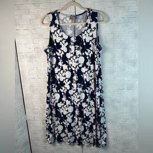 Chico’s sleeveless dress a-line navy white floral feminine knit costal grandma
